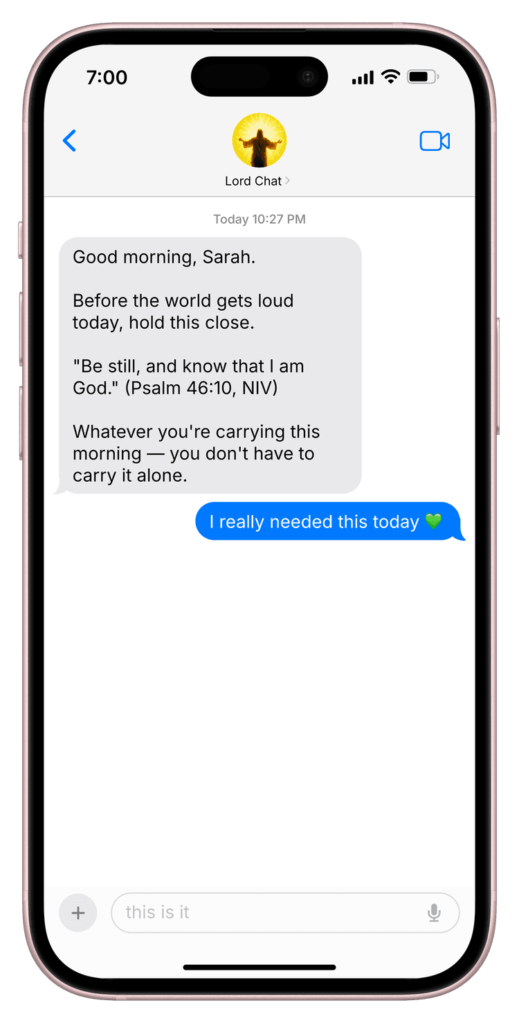 Lord Chat morning devotional in iMessage — a personalized Bible verse and reflection